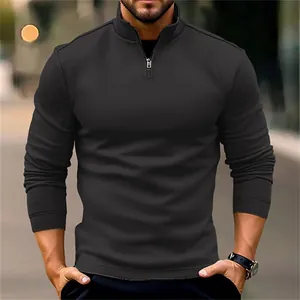 Polo deportivo premium de manga larga para hombre con cremallera corta, color negro
