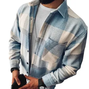 Camisa de franela de manga larga a cuadros azules y blancos para hombre con bolsillo