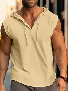 Detailed view of men's tan sleeveless fitness hoodie featuring drawstring and hood