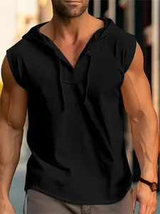 Macro view of men's black sleeveless fitness hoodie featuring a drawstring hood and athletic fit