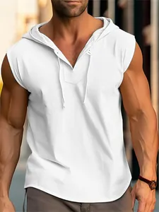 Close-up of white sleeveless hooded tank top with drawstrings on athletic male model