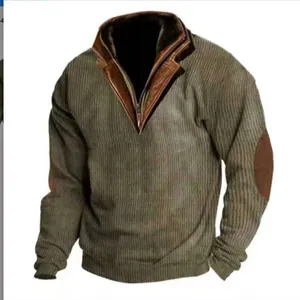 Men's tactical stand collar sweatshirt with corduroy texture and elbow patches