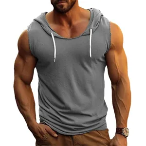 Sportliches ärmelloses Herren Fitness Hoodie Tank Top in Grau mit weißen Kordelzügen