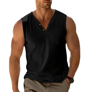 Classic men's black sleeveless Henley tank top, breathable cotton-linen beach shirt