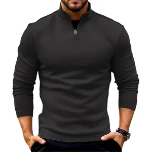 Polo deportivo de manga larga para hombre con media cremallera en elegante color negro liso