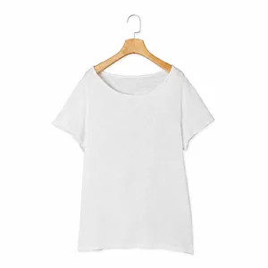 Close-up of lightweight white slub cotton T-shirt with wide crew neck for men