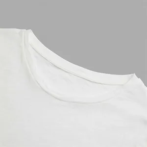 Detailed close-up showing the high-quality neckline of a white men's slub cotton t-shirt.