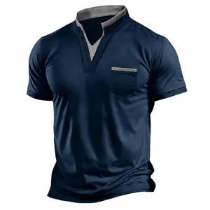 Men American Casual Henley T-Shirt Stand Collar Short Sleeve Loose Plus Size Top With Contrast Color Chest Pocket