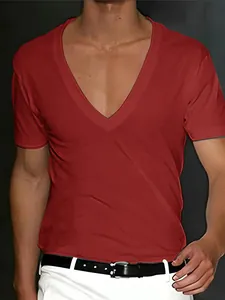 Camiseta de hombre con cuello en V profundo ajustada de manga corta en color rojo