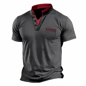 Close-up of men's grey Henley shirt with red contrast collar and chest pocket