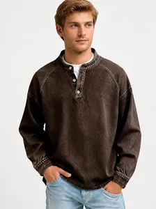 Premium men's vintage washed cotton Henley long sleeve shirt in deep coffee brown