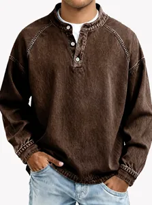 Herren Vintage Henley-Langarmshirt aus gewaschener Baumwolle in tiefem Kaffeebraun