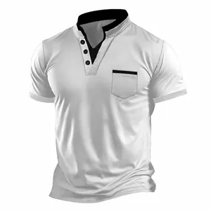 Detailed view of a white men's Henley T-shirt featuring a black stand collar and pocket.