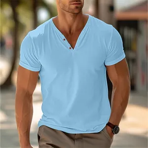 Ανδρικό γαλάζιο κοντομάνικο μπλουζάκι Henley casual καλοκαιρινό στυλ παραλίας