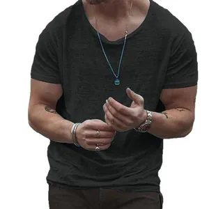 Men's casual slub cotton scoop neck T-shirt in black, fashionable raw edge design