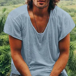 Men's loose fit light blue cotton T-shirt with raw edge deep round neck for summer
