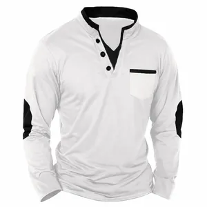 Detailed view of men's white Henley shirt with black contrast trim and elbow patches