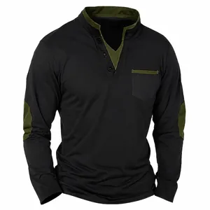 Detail of men's long sleeve henley shirt with olive green contrast collar and pocket