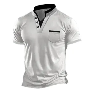 Men's classic white short sleeve Henley T-shirt with black stand collar and pocket