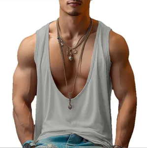 Detail of a men's deep V-neck sleeveless tank top made of breathable grey summer fabric