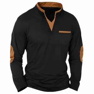 Men's Vintage Patchwork Henley T-Shirt Casual Outdoor Long Sleeve Cotton Blend Top With Chest Pocket And Elbow Patch
