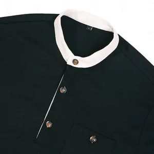 Close-up of men's black long sleeve Henley t-shirt featuring a white collar and buttons