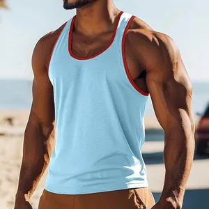 Close-up of men's slim-fit sporty tank top with red contrast trim and light blue body