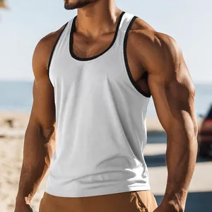 Detail view of men's slim fit athletic tank top with contrast black trim for summer sports