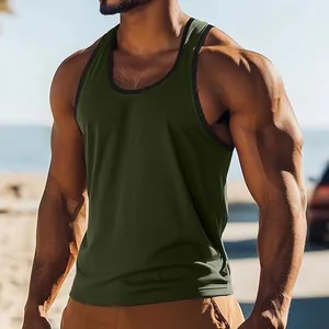 Detailed view of olive green slim fit athletic tank top with black trim