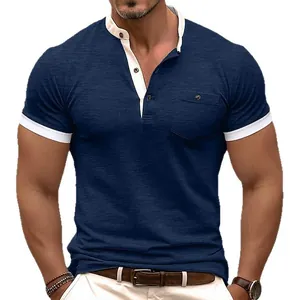 Stylish men's slim fit navy blue Henley t-shirt featuring white contrast collar and cuffs