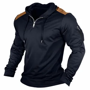 Detail view of men's navy blue hoodie with brown shoulder patches and neck zipper.