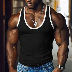 Detailed view of men's ribbed black tank top with white contrast trim and slim fit design
