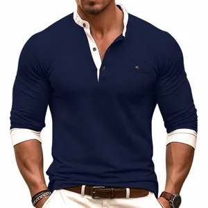 Men's slim fit long sleeve Henley shirt with contrast collar and chest pocket
