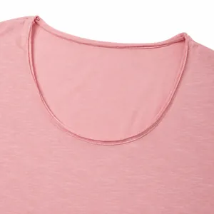 Close-up view showing the neckline detail of a pink men's plus size slub cotton T-shirt