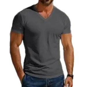T-shirt homme col en V gris anthracite, coupe ajustée pour le sport et les loisirs