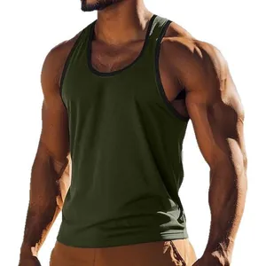 Men's slim-fit athletic tank top in olive green with black contrast trim for summer
