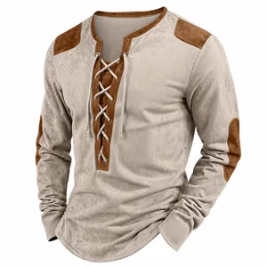 Felpa Henley da Uomo Patchwork Outdoor Streetwear Manica Lunga con Coulisse in Poliestere Similpelle Scamosciata Top Casual