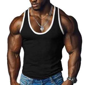 Men's black ribbed athletic tank top with white contrast trim for bodybuilding and fitness