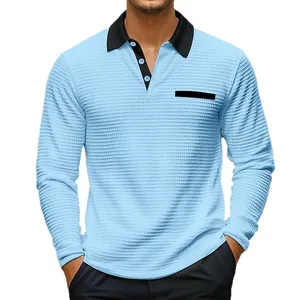 Polo de hombre informal de manga larga en punto de gofre con cuello negro