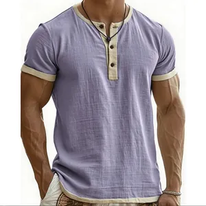 Close-up detail of a vintage colorblock Henley t-shirt with textured fabric