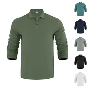 Detailed view of men's long sleeve polo shirts in multiple classic colors