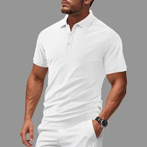 Close-up of a white men's slim fit Polo shirt showing premium textured fabric and fit.