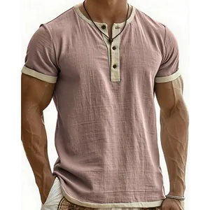 Close-up of retro color-block Henley shirt featuring textured linen-like fabric