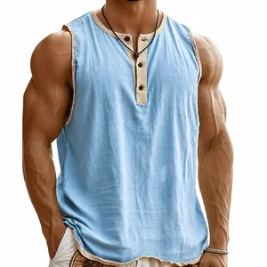 Detail of light blue men's sleeveless fitness tank top with 3-button Henley collar