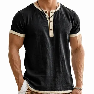 Detail of men's vintage Henley t-shirt with contrast collar and button placket