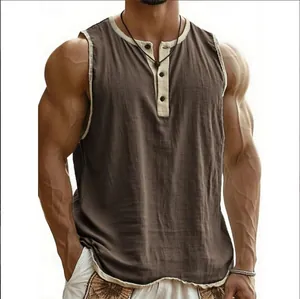 Close-up of men's brown fitness tank top with 3-button placket and breathable texture.