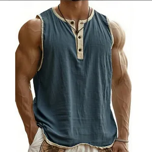 Detailed view of a men's sleeveless fitness tank top with a 3-button placket design