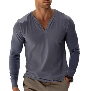 T-shirt Henley homme gris à manches longues et col en V à boutons pour sport et loisirs