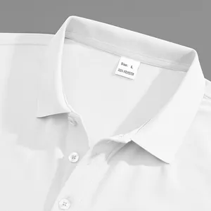 Detail view of white men's polo shirt collar and size label