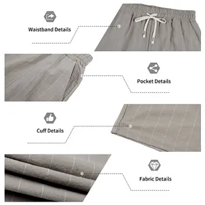 Detailed macro views showing waistband, pockets, cuff, and fabric texture of striped shorts